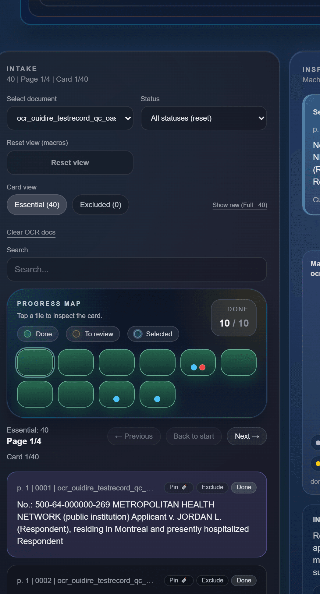 Intake and Map-1 Brite-Lite stay visible so you can choose a document, filter cards, and open a card from its tile