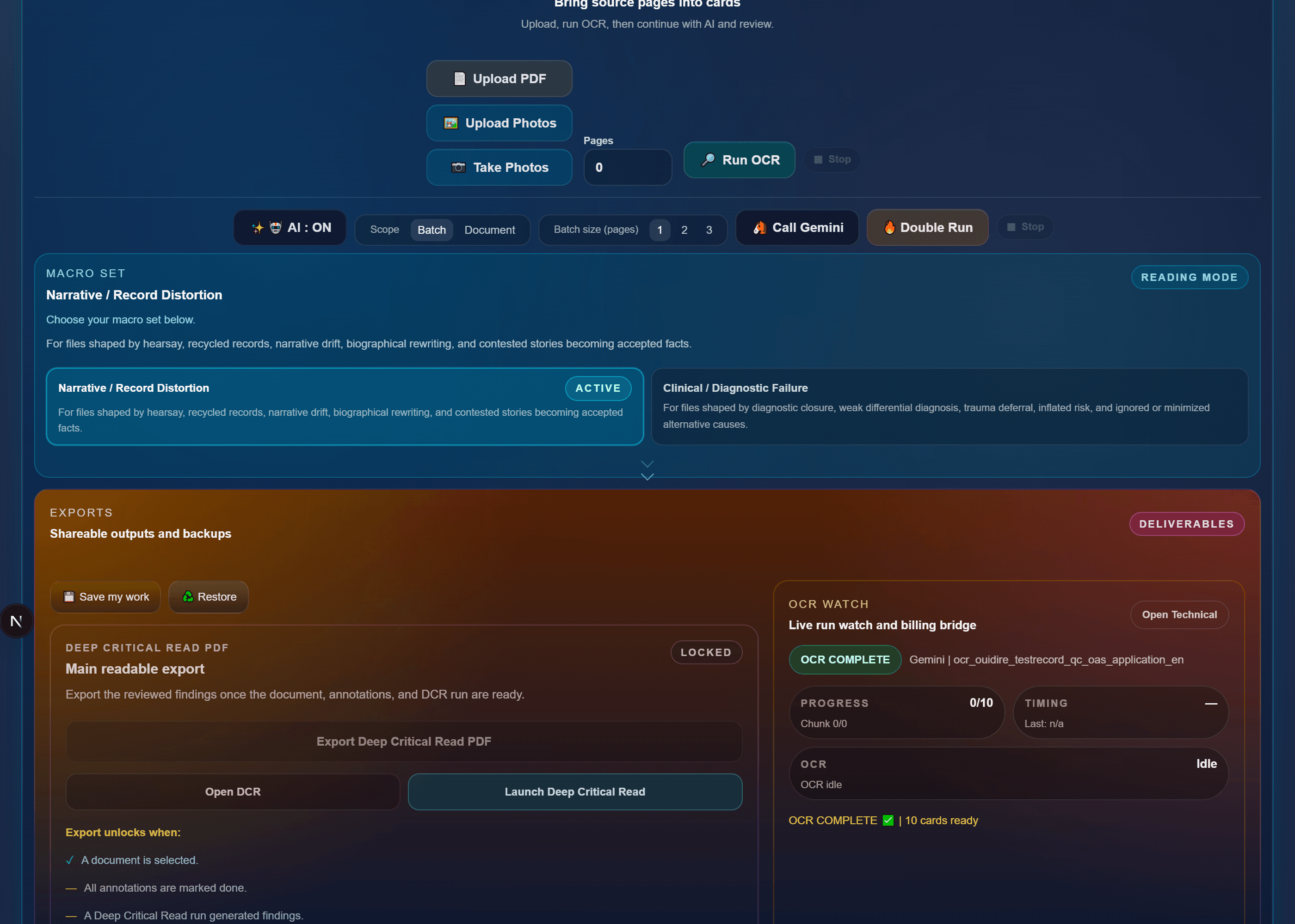 Desktop example: the top workbar brings together import, OCR, AI, and the macro set
