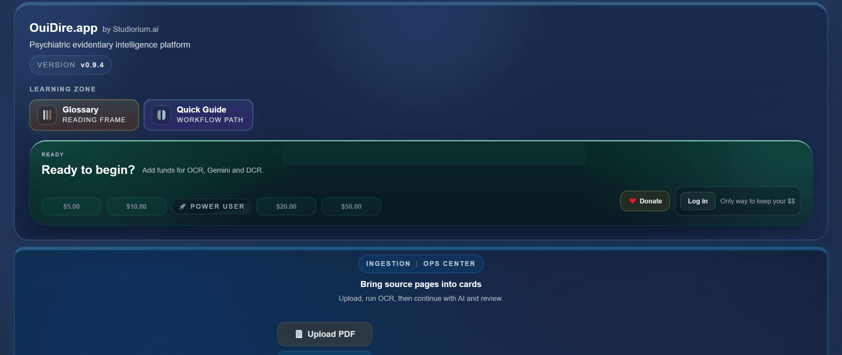 Desktop top view: Learning zone, Ready to start, and login access